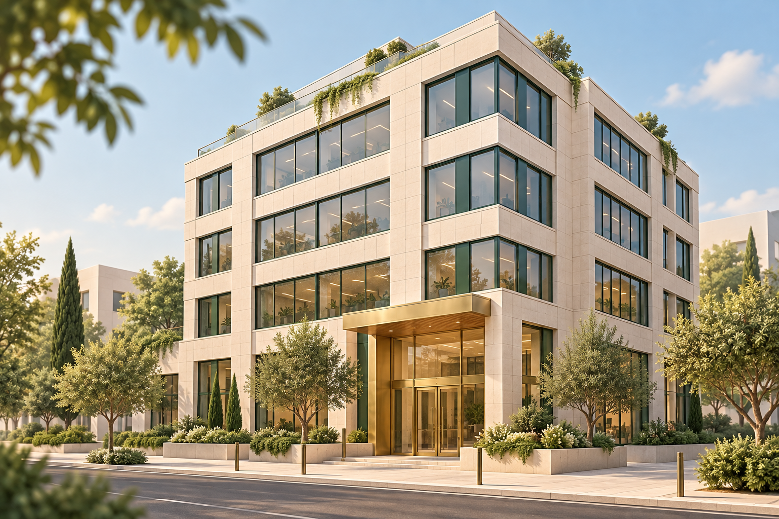 Illustration of an office building in ivory, green and gold